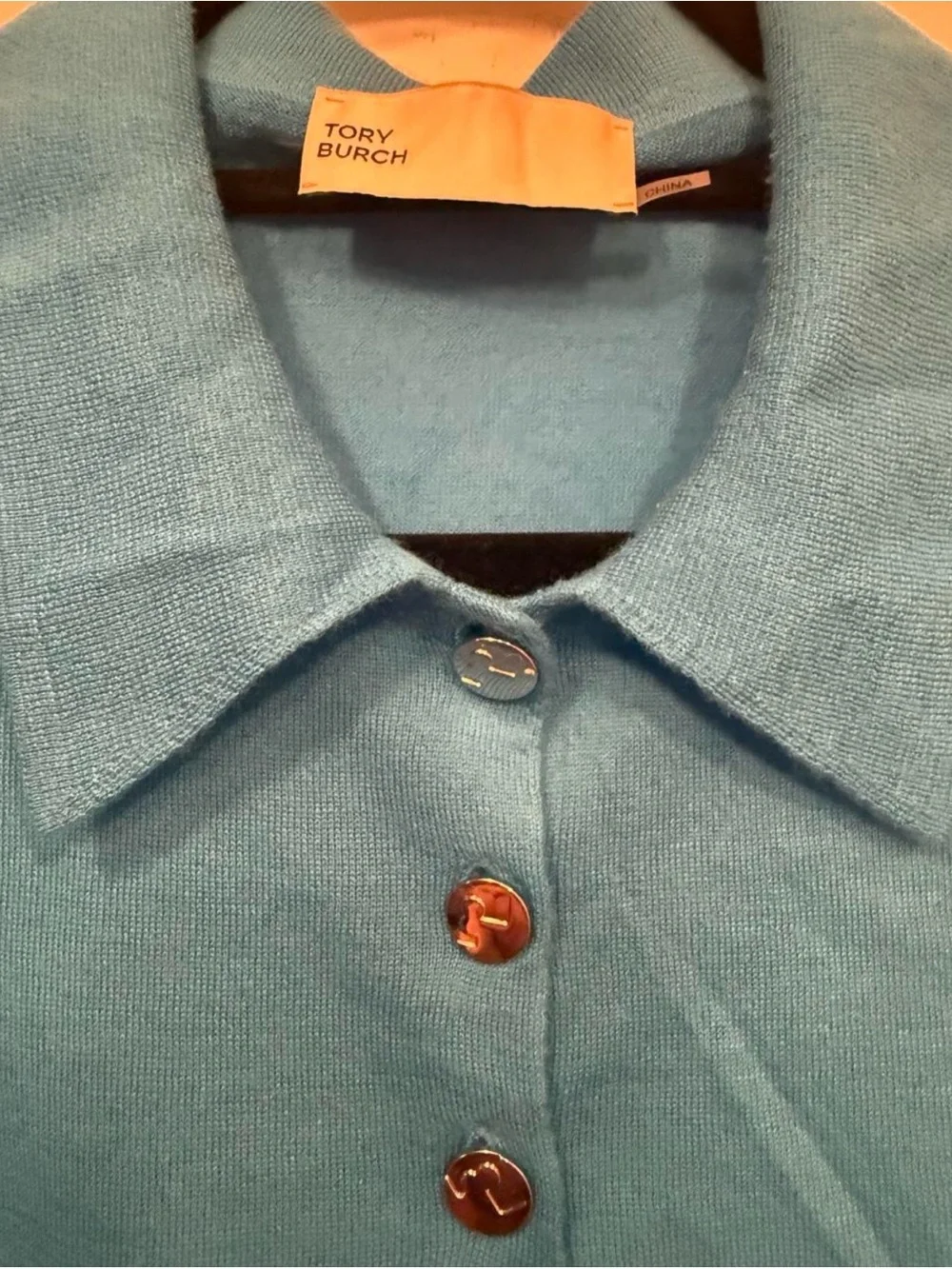 Tory Burch 100% cashmere Bright Blue Long-Sleeve Polo Knit Top